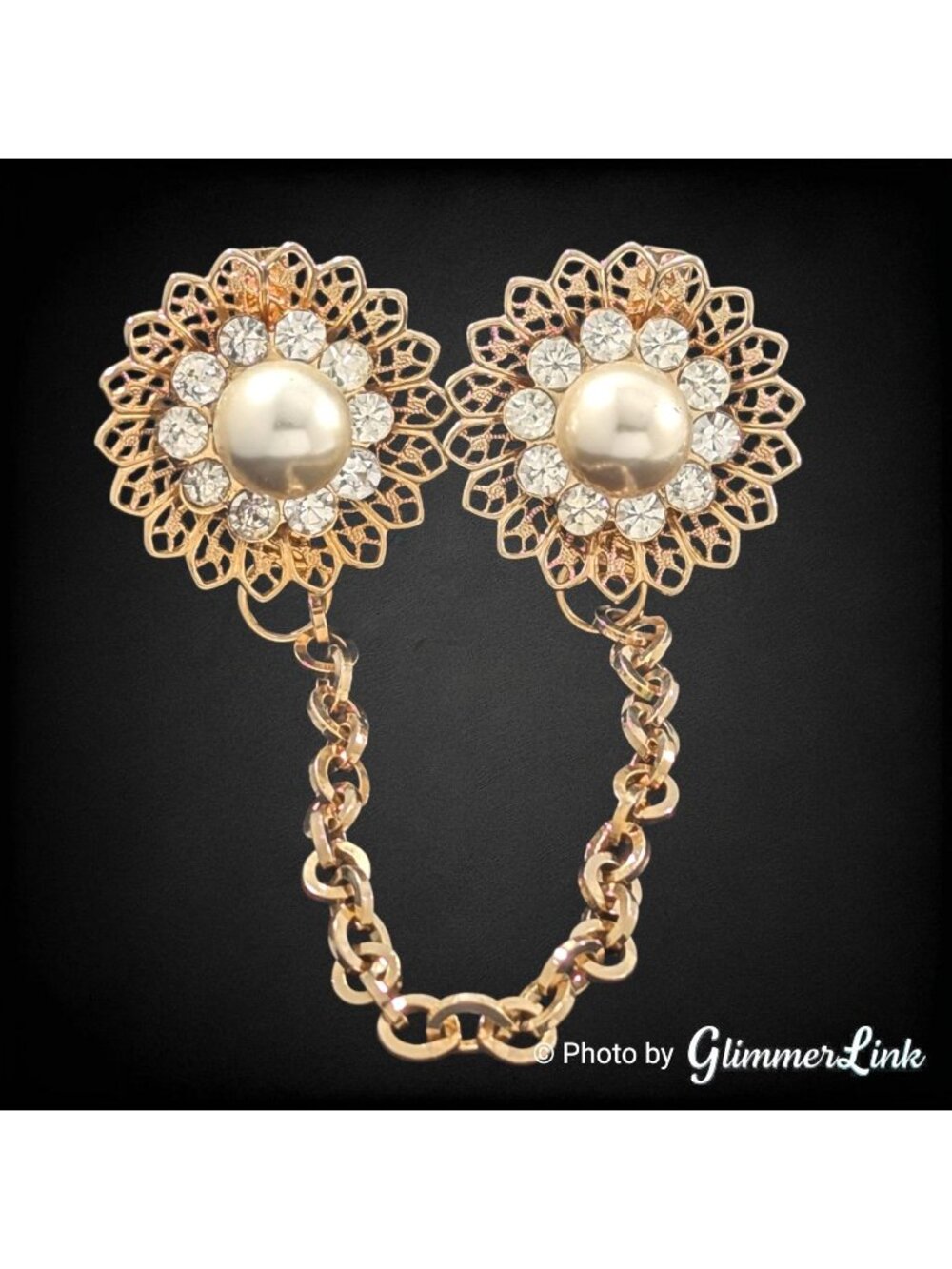 Vintage Floral Sweater Guard Clips Faux Pearl Rhinestone Gold Tone Filigree